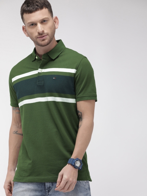 

Tommy Hilfiger Men Olive Green & Navy Blue Colourblocked Slim Fit Polo Collar T-shirt
