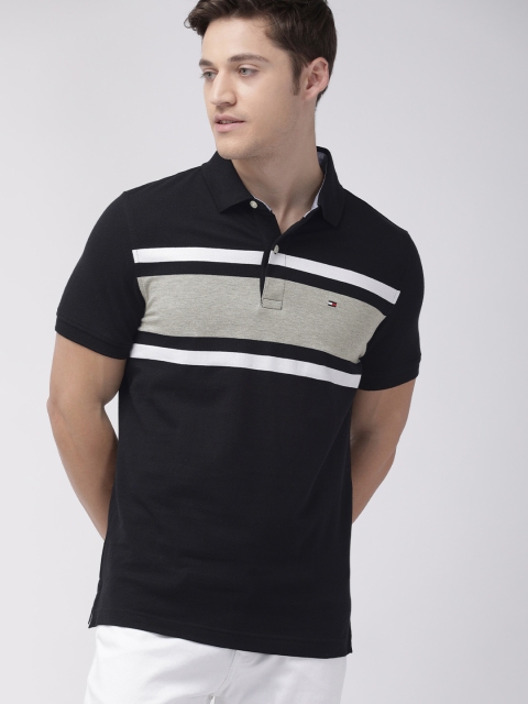 

Tommy Hilfiger Men Black & Grey Striped Slim Fit Polo Collar T-shirt