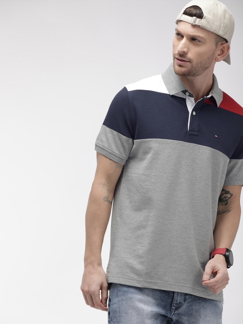 

Tommy Hilfiger Men Grey Melange & Navy Blue Colourblocked Polo Collar T-shirt