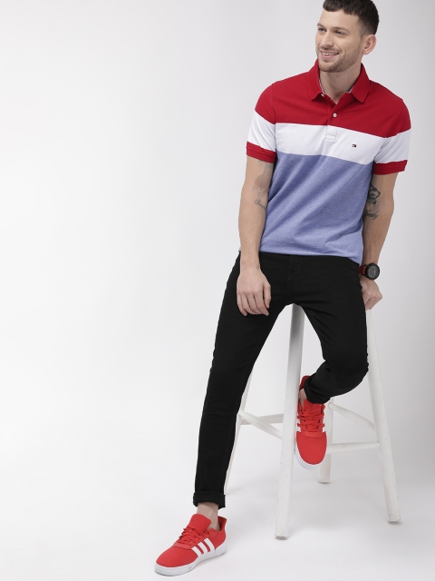 

Tommy Hilfiger Men Blue & Red Colourblocked Slim Fit Polo Collar T-shirt