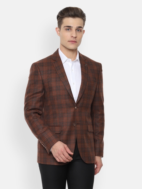 

Van Heusen Men Brown Checked Slim-Fit Single-Breasted Pure Wool Formal Blazer