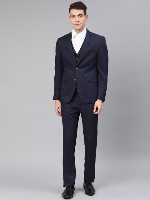 

V Dot Men Navy Blue Textured Skinny Fit Single-Breasted Party Suit