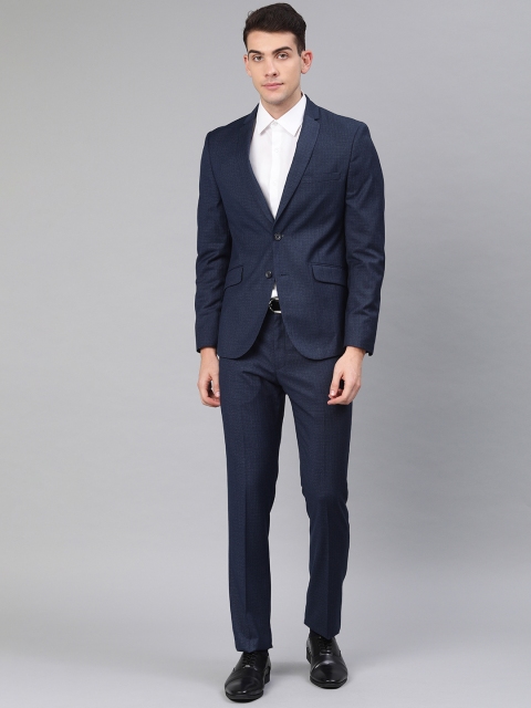 

V Dot Men Navy Blue Checked Skinny Fit Single-Breasted Formal Suit