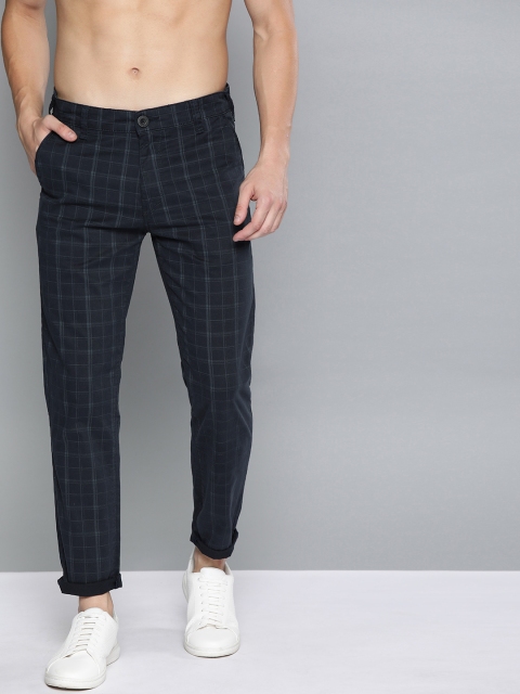 

HERE&NOW Men Navy Blue & Grey Slim Fit Checked Chinos