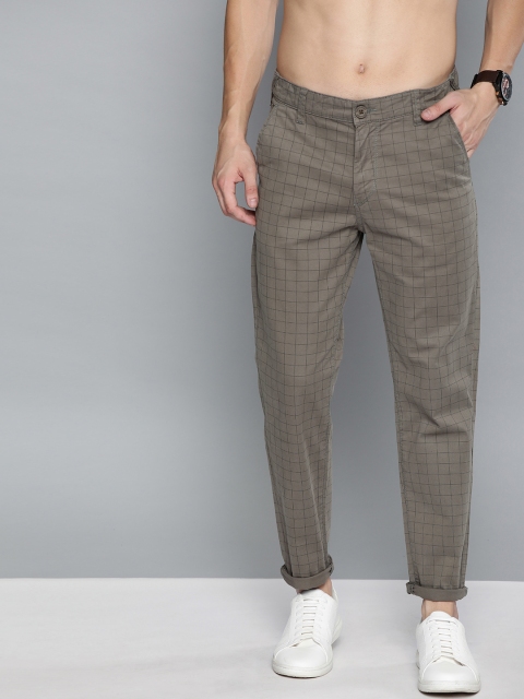 

HERE&NOW Men Khaki Slim Fit Checked Regular Trousers