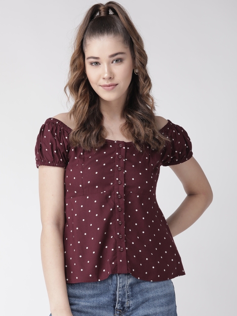 

20Dresses Women Burgundy Polka Dot Printed Off-Shoulder Bardot Top