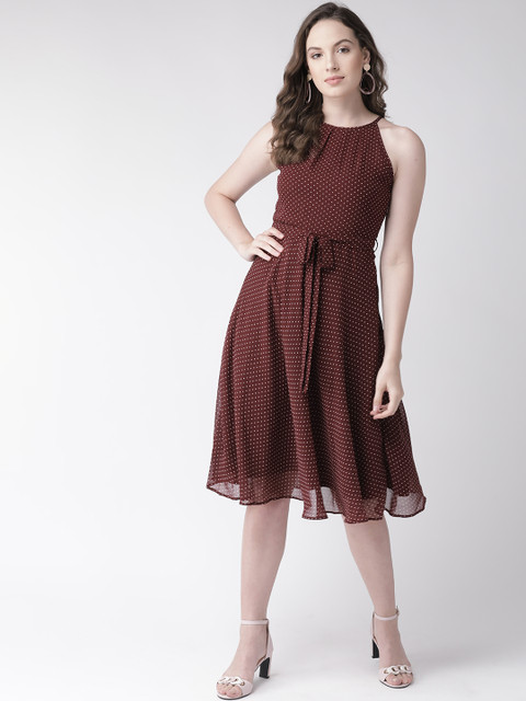 

20Dresses Women Burgundy & White Polka Dot Printed Fit & Flare Dress