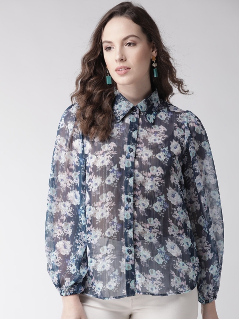 

20Dresses Women Blue & Off-White Sheer Printed Casual Shirt