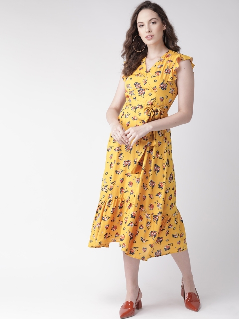 

20Dresses Women Mustard Yellow & Orange Printed Midi A-Line Dress