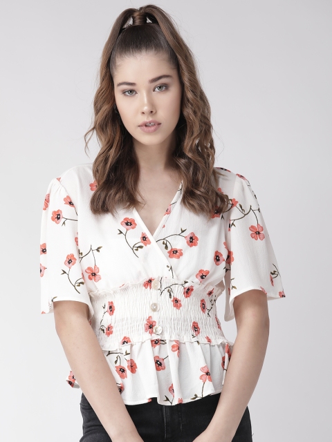 

20Dresses Women White & Orange Floral Printed Wrap Top