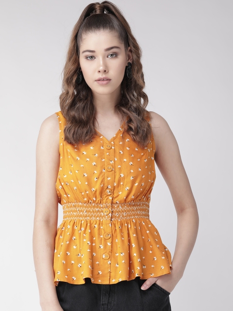 

20Dresses Women Mustard Yellow & White Floral Printed Cinched Waist Top