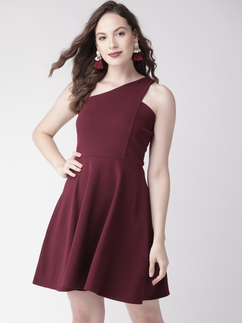 

20Dresses Women Wine-Coloured Solid One Shoulder Fit & Flare Dress, Purple