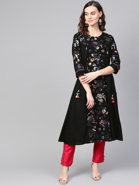 

Shree Women Black Floral Print A-Line Kurta
