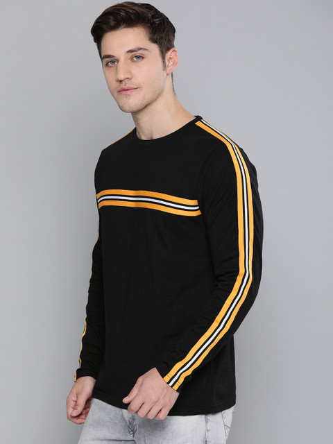 

Difference of Opinion Men Black Solid Round Neck Pure Cotton T-shirt With Striped Detailing