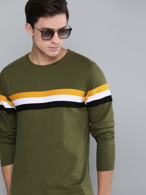 

Difference of Opinion Men Olive Green Striped Round Neck T-shirt