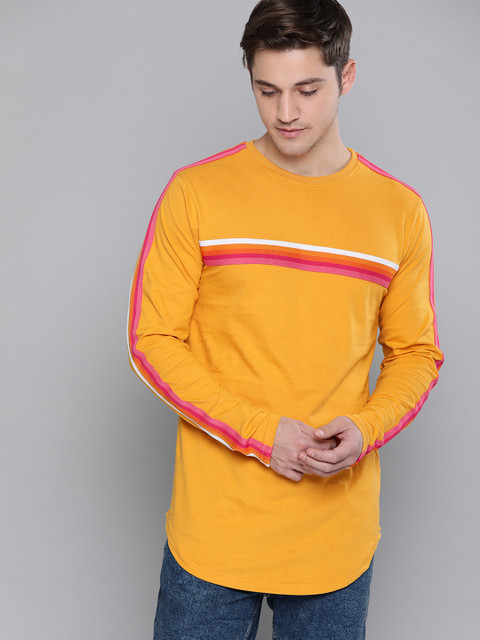 

Difference of Opinion Men Mustard Yellow Solid Round Neck T-shirt With Striped Detailing