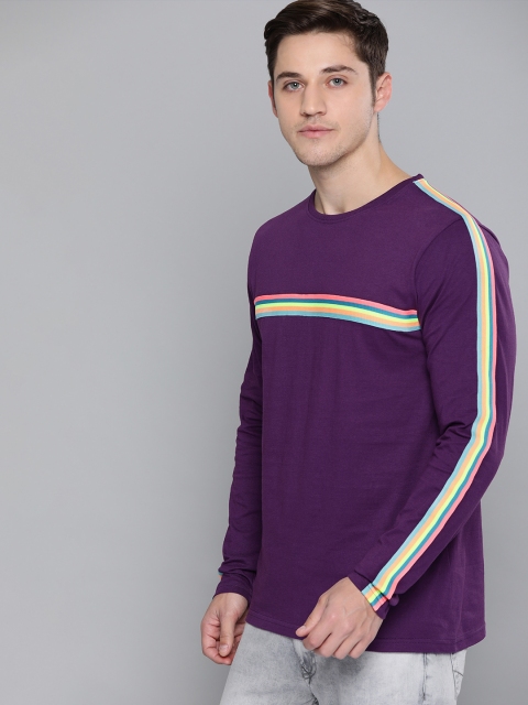 

Difference of Opinion Men Purple Solid Round Neck T-shirt With Striped Detailing