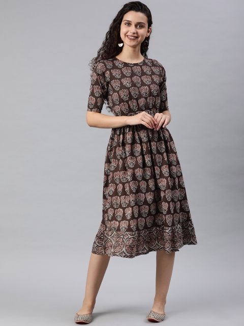 

SIAH Women Brown & Red Floral Print Fit and Flare Dress