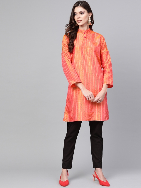 

SIAH Women Orange & Yellow Checked Straight Kurta