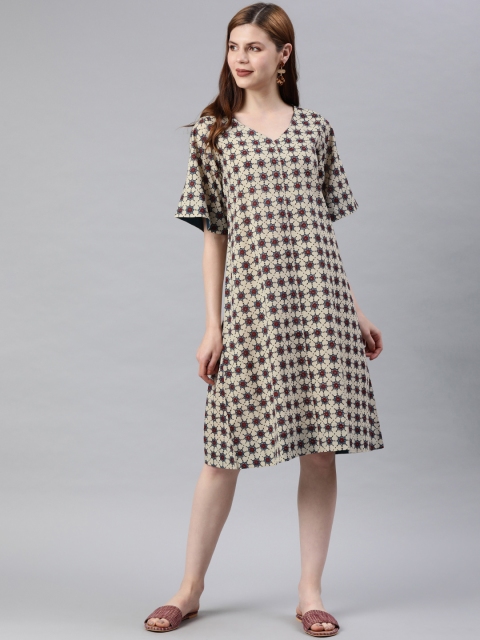 

SIAH Women Cream-Coloured & Blue Printed A-Line Dress