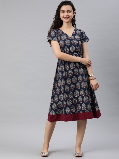 

SIAH Women Navy Blue Printed Fit and Flare Dress