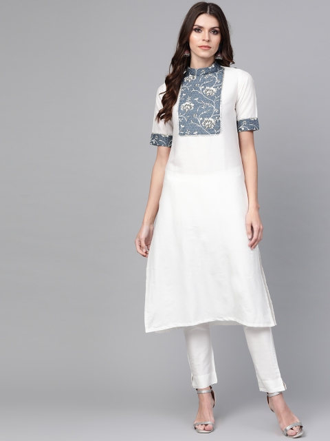 

SIAH Women White & Navy Blue Yoke Design Kurta with Trousers