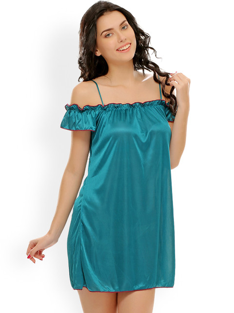 

Clovia Teal Blue Off-Shoulder Baby-Doll NS0461P17