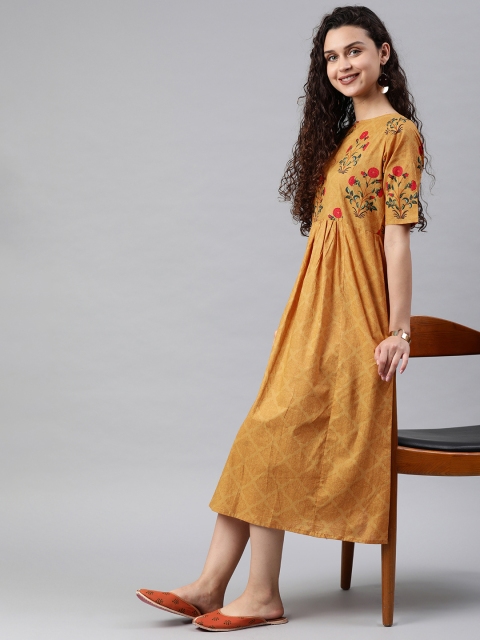 

SIAH Women Mustard Yellow Printed A-Line Dress