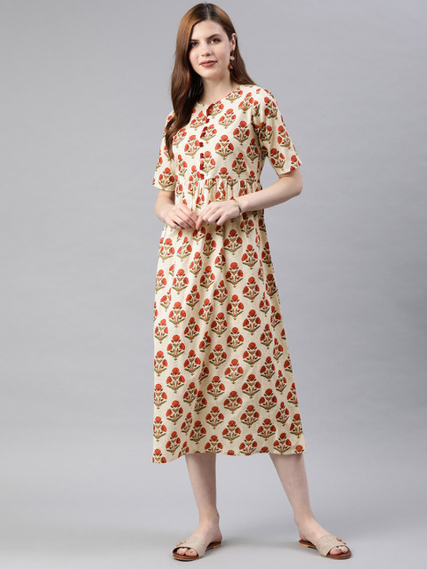 

SIAH Women Off-White & Coral Pink Floral Printed A-Line Dress