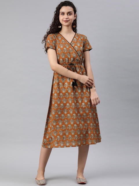 

SIAH Women Rust Orange Floral Print Empire Dress