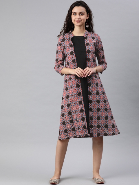 

SIAH Women Black Printed Two-Piece Dress with Outer Layer