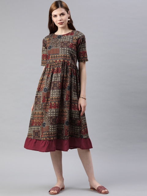 

SIAH Women Rust Red Printed A-Line Dress