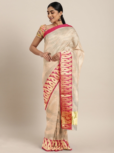 

Pavechas Beige Poly Silk Solid Banarasi Saree