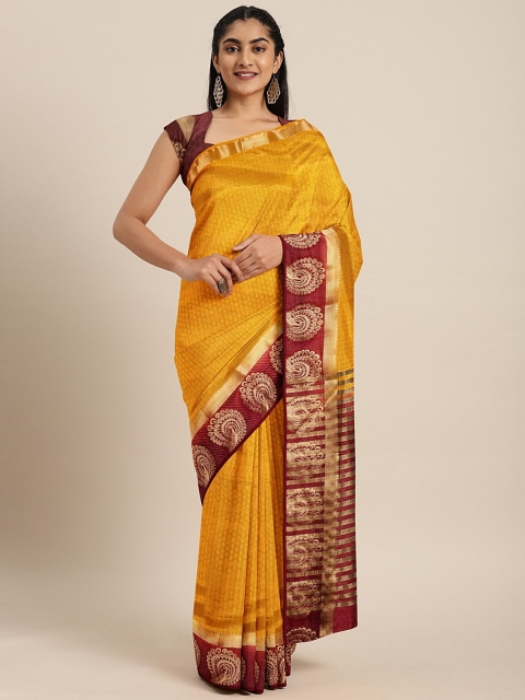 

Pavechas Yellow & Maroon Art Silk Woven Design Tussar Saree