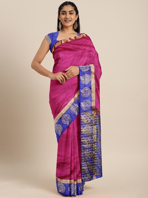 

Pavechas Pink & Blue Art Silk Woven Design Tussar Saree