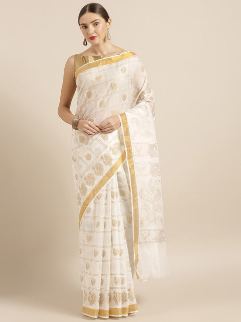 

Pavechas White & Gold-Toned Pure Cotton Printed Kasavu Saree