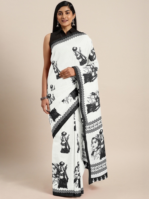 

Pavechas White & Black Polycotton Printed Mangalagiri Saree