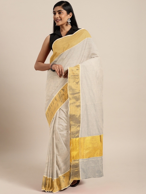 

KALINI Off-White Pure Cotton Solid Kasavu Saree