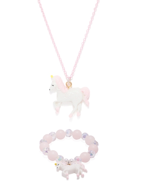

lil' star Girls Pink & White Set Of Unicorn Charm Necklace and Bracelet