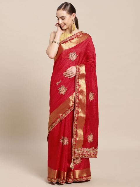 

Mitera Red Embroidered Poly Silk Saree