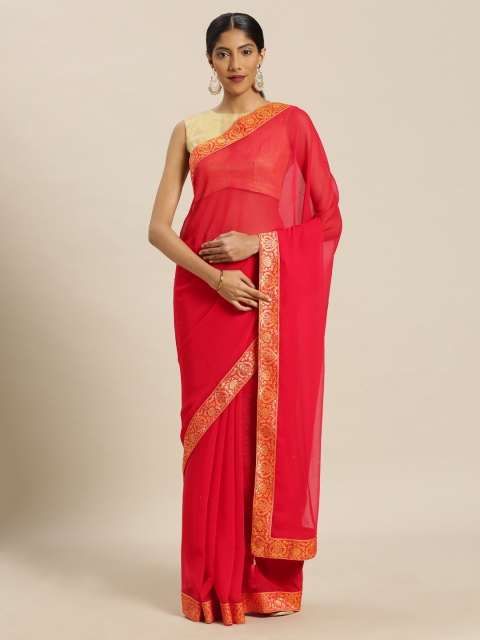 

Mitera Red Solid Studded Poly Chiffon Saree