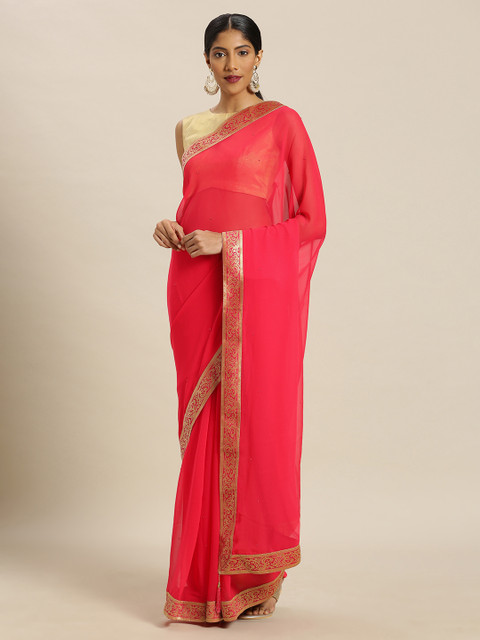 

Mitera Coral Pink Solid Studded Poly Chiffon Saree