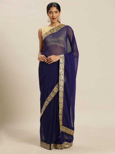 

Mitera Navy Blue Solid Studded Poly Chiffon Saree