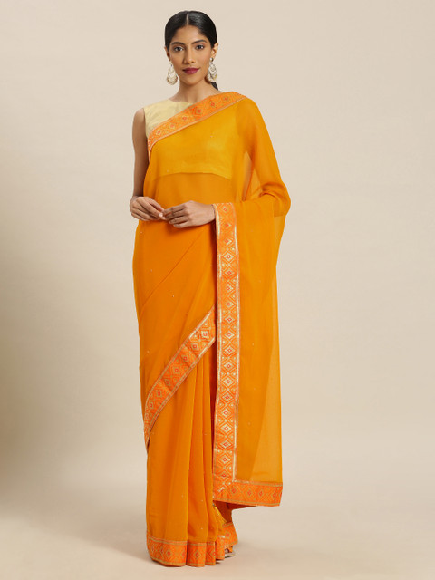 

Mitera Mustard Yellow Solid Studded Poly Chiffon Saree