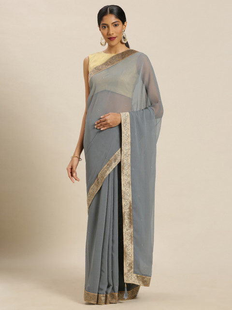 

Mitera Grey Solid Studded Poly Chiffon Saree