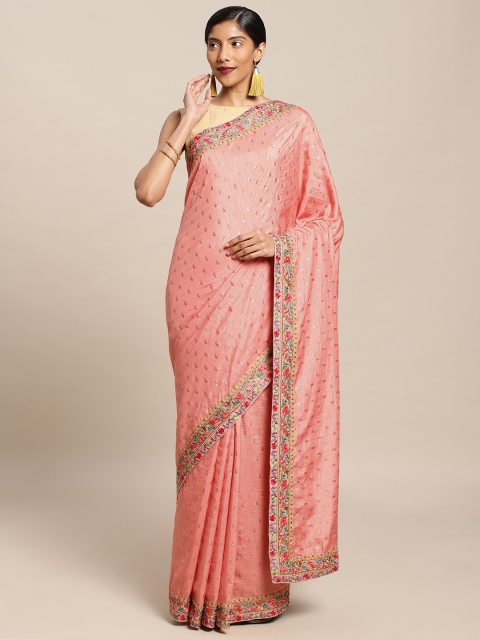 

Mitera Peach-Coloured & Green Poly Silk Printed Saree
