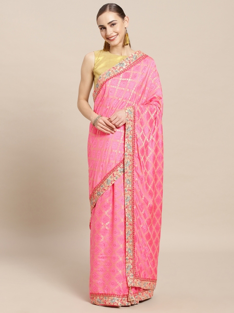 

Mitera Pink Woven Design Poly Silk Saree