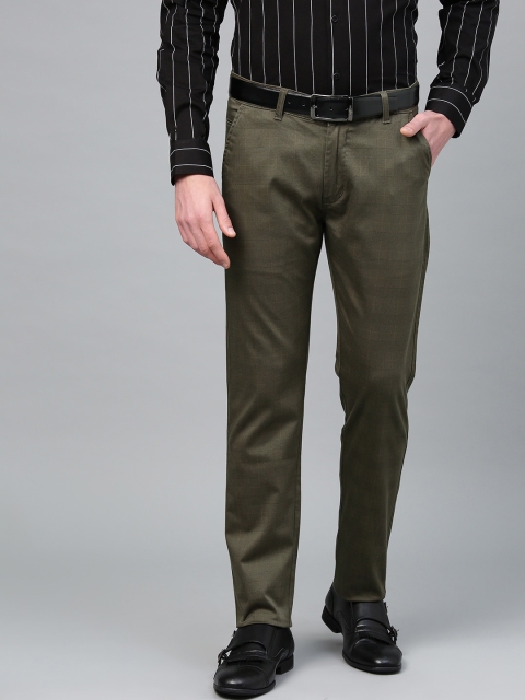 

Hancock Men Olive Green Slim Fit Checked Formal Trousers