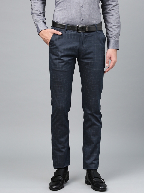 

Hancock Men Navy Blue Slim Fit Checked Formal Trousers