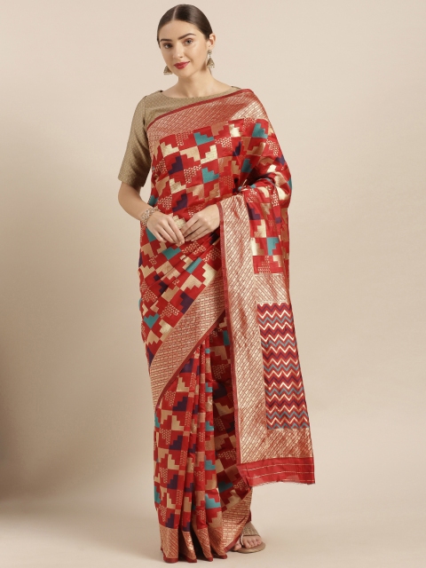 

Mitera Red & Golden Silk Blend Woven Design Kanjeevaram Saree